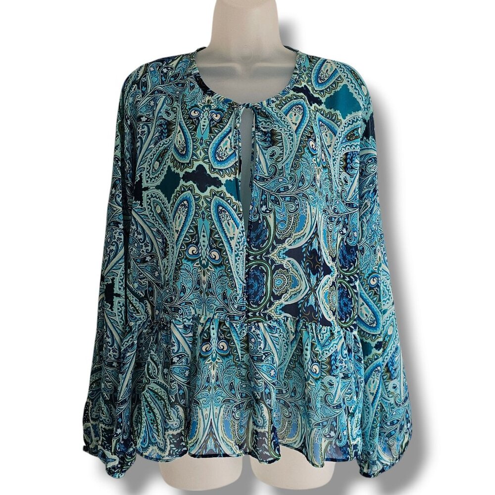 Belle + Sky Blouse Size XL Blue Paisley Semi-Sheer Peplum Ruffle‎ Fairy Whimsy